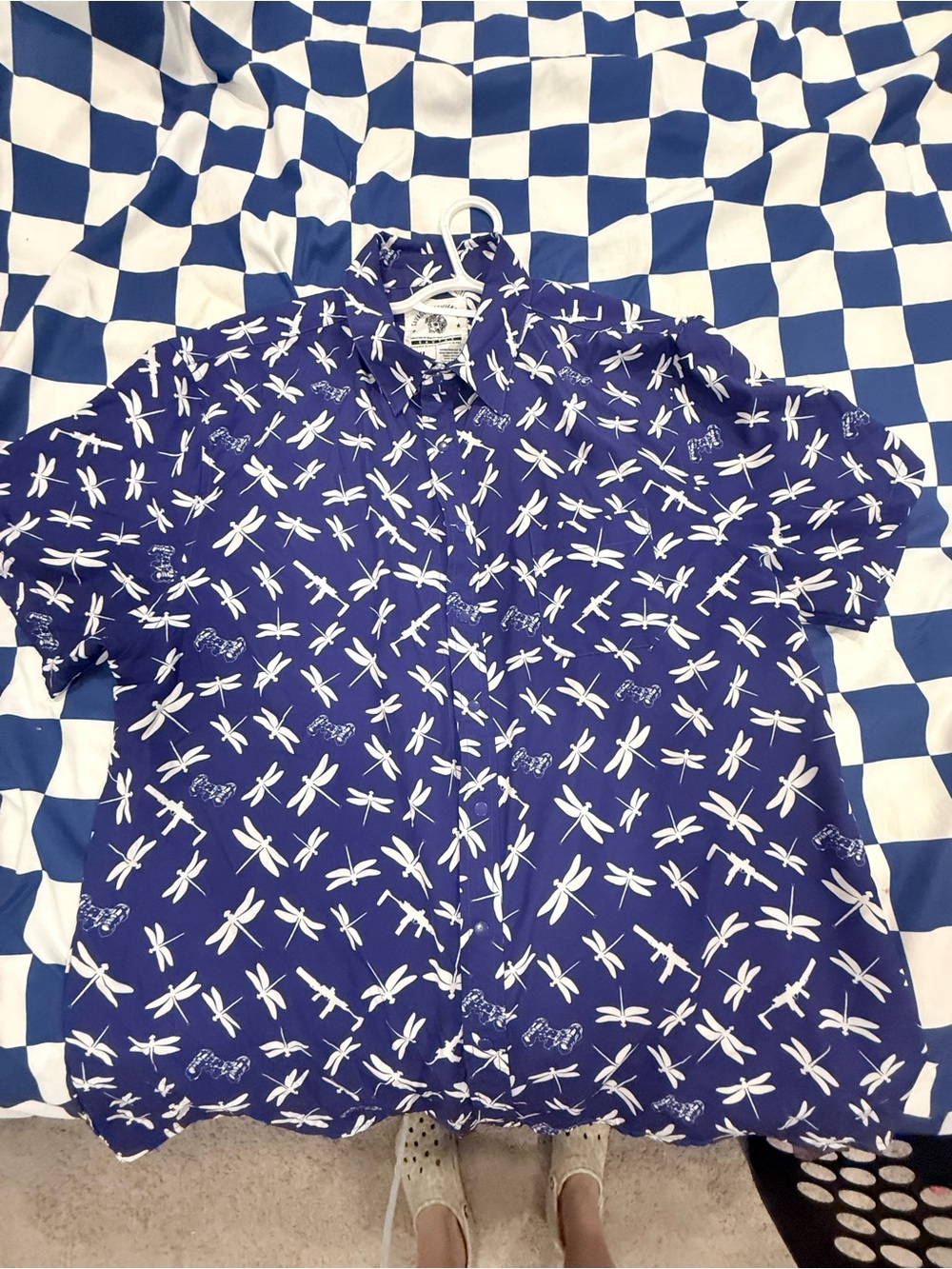Men's Blue Dragonfly Print Short Sleeve Shirt